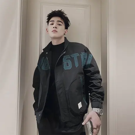 工装立领夹克男春季简约潮牌爆款痞帅刺绣撞色字母宽松外套上衣图片