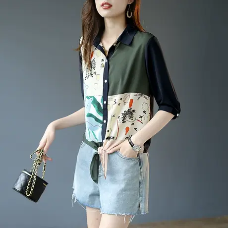 宝诗黎印花五分袖雪纺衬衫时尚衬衣女装2024春季新款休闲短款上衣商品大图