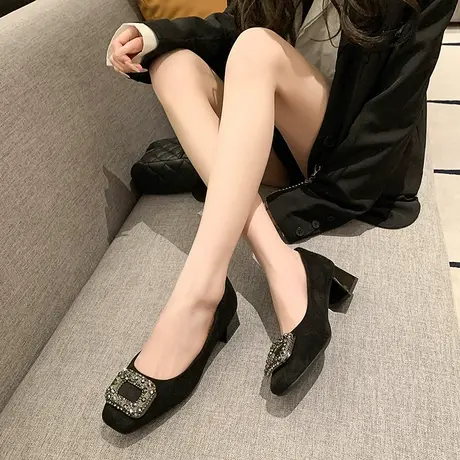 法式粗跟玛丽珍鞋女2024新款春夏通勤浅口单鞋一脚蹬水钻中跟瓢鞋商品大图