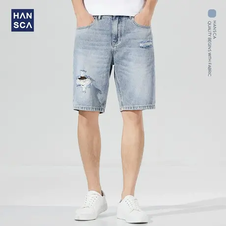 汉斯卡 2022夏季新款牛仔短裤男士破洞韩版潮流浅色乞丐裤五分裤商品大图