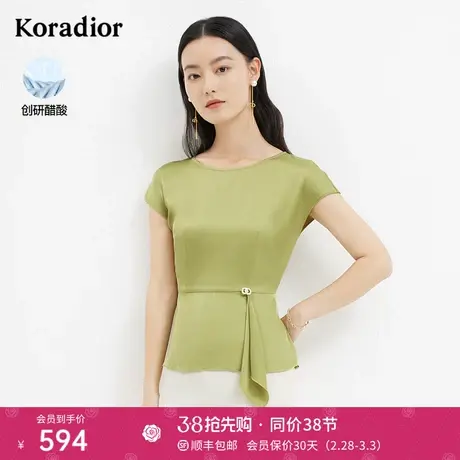 珂莱蒂尔圆领气质短袖女醋酸收腰显瘦小衫小众设计感夏季短款上衣图片