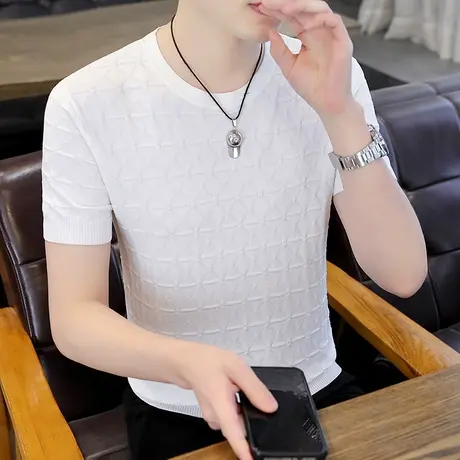 潮牌新款提花针织短袖T恤夏季高端冰丝圆领上衣潮流薄款半袖体恤商品大图