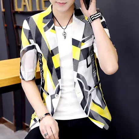 青年个性韩版花西装发型师夜店夏装镂空薄款中袖男士休闲小西装潮商品大图