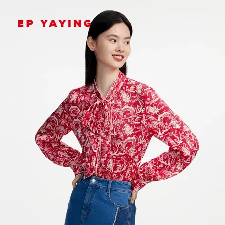 [真丝系列]EP雅莹女装 国风红色时尚印花系带衬衫 2023新款2206B图片