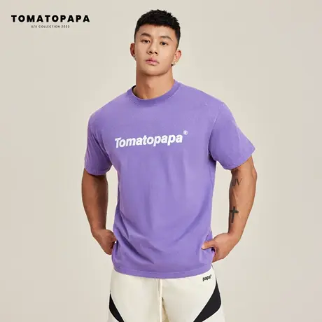 TOMATOPAPA夏季短袖圆领t恤宽松微落肩花色烫花字母潮流青年上衣商品大图