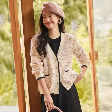 时尚气质毛衣开衫2023年秋季新款淑女温柔甜美V领显瘦通勤上衣商品大图