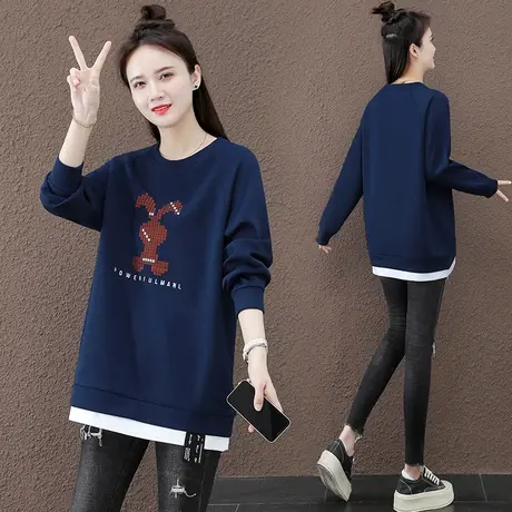 中长款卫衣女春秋2023时尚爆款韩版大码女装宽松套头上衣休闲圆领商品大图