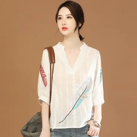 韩潮袭人气质立领刺绣白色短袖衬衣女2023夏新款衬衫设计感小众薄商品大图