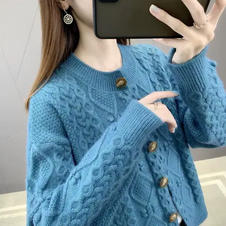 圆领针织开衫女2023秋装新款宽松慵懒风外穿上衣麻花短毛衣外套潮图片