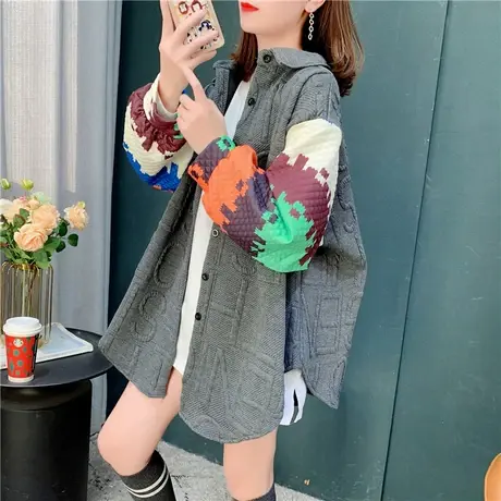 设计感拼色袖加厚衬衫女2022早春新款宽松慵懒风百搭洋气外套上衣商品大图