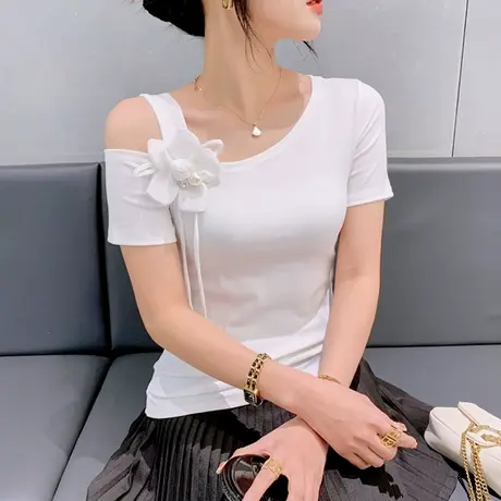 欧货露肩短袖T恤女士夏装2023新款性感镂空上衣洋气修身百搭小衫商品大图