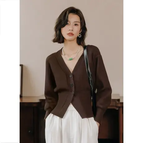 弥古法式v领针织衫高级感掐腰上衣春秋女内搭灯笼袖打底毛衣开衫图片