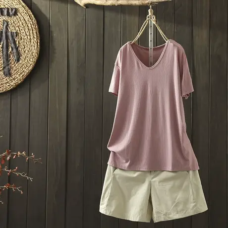 枫谜2020年夏季新款文艺简约V领纯色短袖T恤女韩版打底短袖上衣商品大图