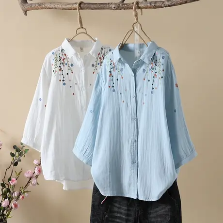 夏装韩版文艺小清新碎花刺绣双层棉纱长袖衬衫女宽松百搭打底上衣图片