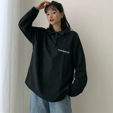 翻领polo衫ins超火cec长袖t恤女宽松韩版潮学生百搭mschf上衣薄款商品大图