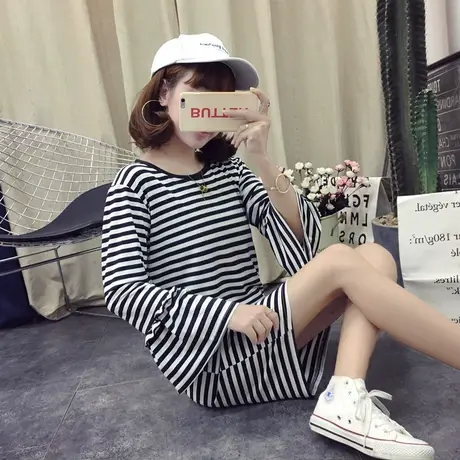 条纹连衣裙女夏长袖2023新款韩版小清新喇叭袖中长款修身显瘦裙子图片