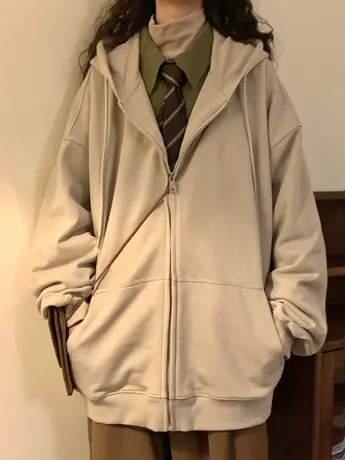 美式复古oversize卫衣女秋冬加绒加厚宽松慵懒风上衣连帽开衫外套商品大图