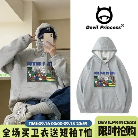 ins超火小熊卫衣女连帽春秋宽松韩版复古bf原宿卡通印花灰色上衣图片