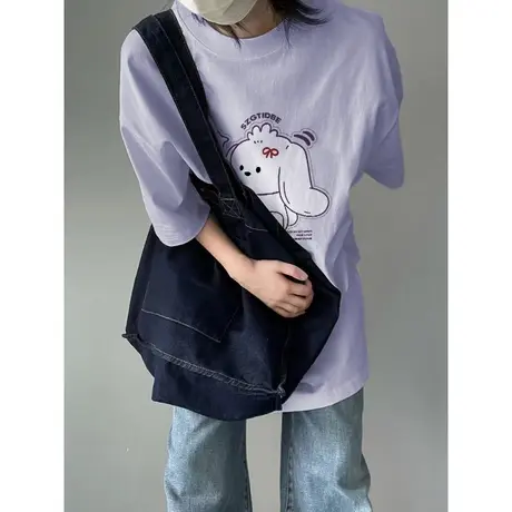 紫色短袖t恤女ins潮夏季宽松小众设计高级感半袖美式复古上衣纯棉商品大图