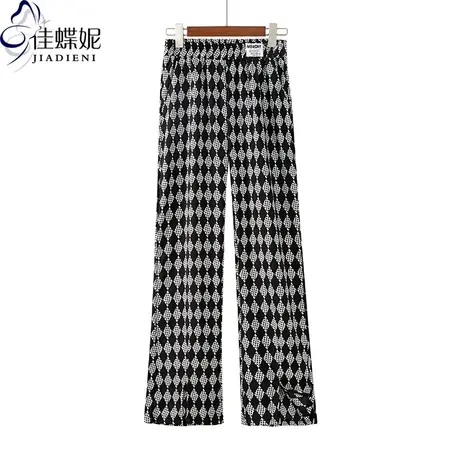 夏季新款松紧腰刺绣黑白菱形宽松直筒休闲裤开叉女长裤下装图片