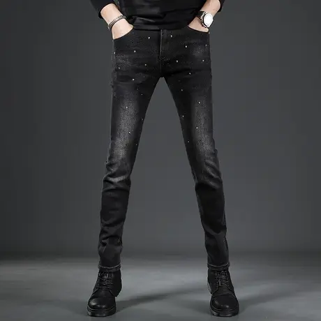 高级牛仔裤男秋冬季2022新款黑色修身小脚男士潮流百搭个性休闲裤商品大图