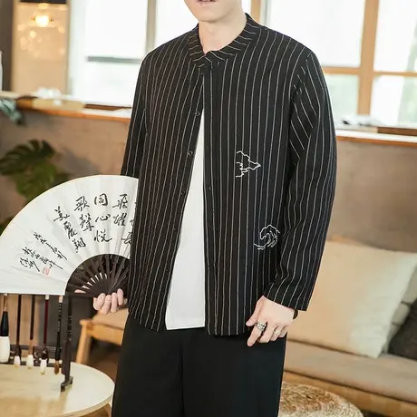 中国风竖条纹长袖衬衫男刺绣复古亚麻打底衫立领宽松大码上衣服秋商品大图