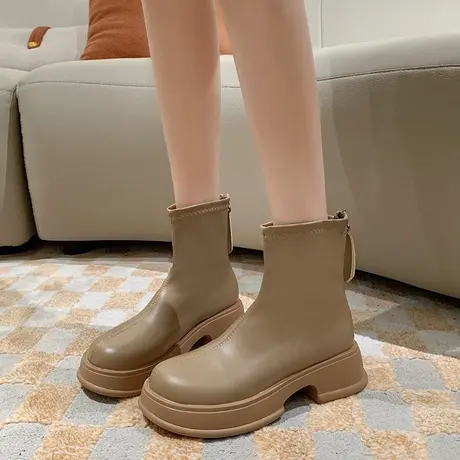 马丁靴女2023年秋冬新款百搭厚底粗跟英伦风短靴后拉链短筒瘦瘦靴商品大图