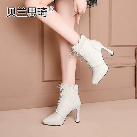 防水台高跟马丁靴子秋冬季新款真皮加绒女鞋米白色粗跟短靴子图片