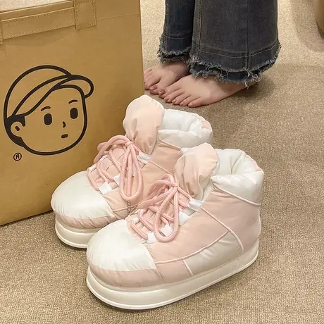 羽绒布防水棉拖鞋女冬季可外穿时尚系带加绒加厚保暖厚底包跟棉鞋商品大图