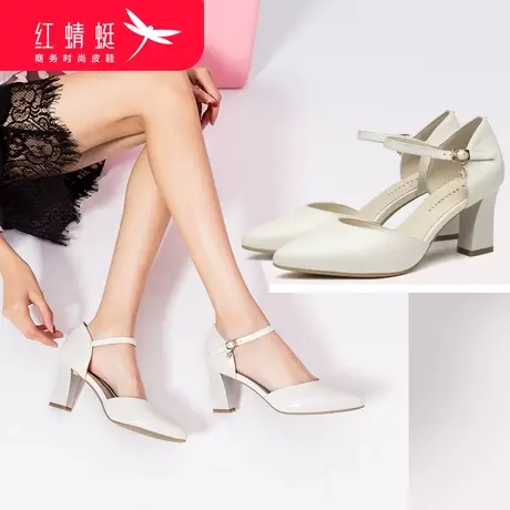 红蜻蜓女鞋新款真皮时尚百搭优雅粗跟软皮休闲软底舒适透气女凉鞋商品大图