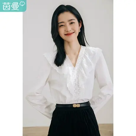 茵曼2023春装新款衬衣女荷叶边花边领显瘦V领泡泡袖法式长袖衬衫商品大图
