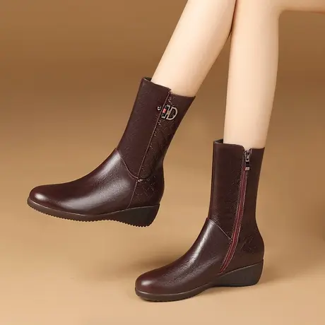圆头坡跟中筒靴女2023年秋冬季新款短靴真皮马丁靴酒红色女式靴子商品大图