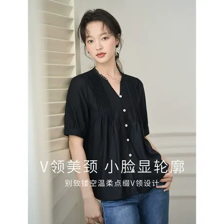 茵曼法式衬衫2023夏女装新款V领泡泡袖短袖压褶塔克褶宽松上衣图片