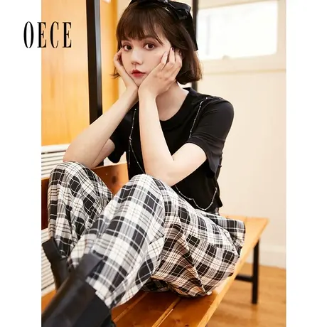 Oece高腰修身小脚裤夏装新款女装帅气复古格子休闲裤长裤春夏商品大图