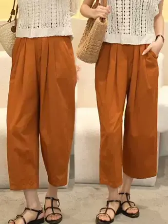 2023夏季新款韩版宽松阔腿裤九分萝卜裤南瓜色松紧腰休闲裤女薄款商品大图