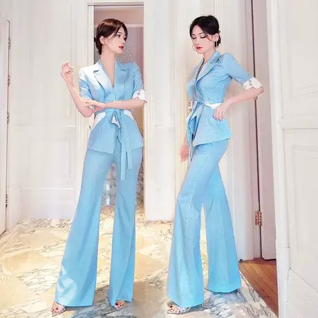 VJE夏季撞色拼接OL职业套装女新款气质小西装微喇叭裤两件套图片