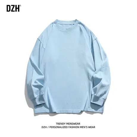男生浅蓝色纯棉长袖t恤男秋季圆领潮牌男装2023新款纯色卫衣男款商品大图