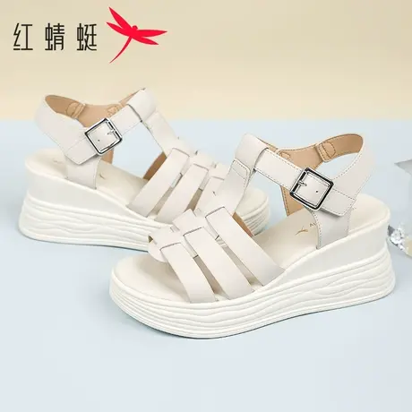 红蜻蜓女鞋2025夏季真皮厚底坡跟罗马凉鞋魔术贴百搭配裙子高跟鞋商品大图