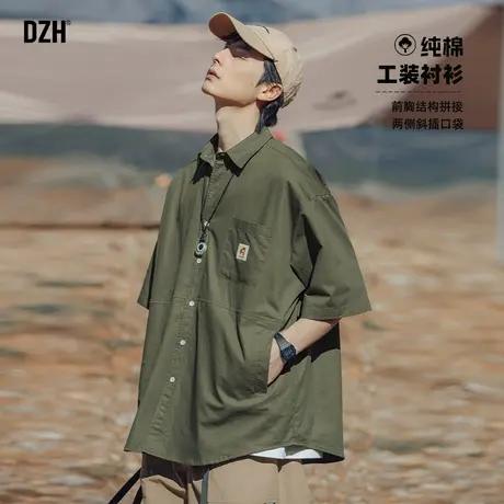 青少年绿色工装衬衫男短袖夏季纯棉翻领上衣休闲衬衣2025新款夏装商品大图
