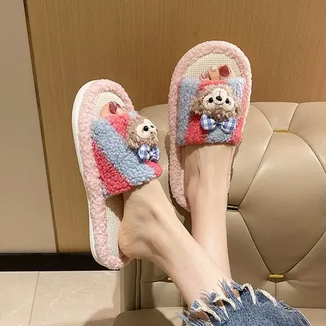 亚麻拖鞋女士春秋季2025新款卡通可爱毛绒室内居家软底防滑一字拖商品大图