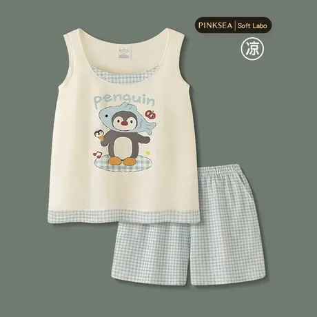 Pinksea正品睡衣女款2025新款夏凉感纯棉企鹅吊带背心短裤家居服商品大图