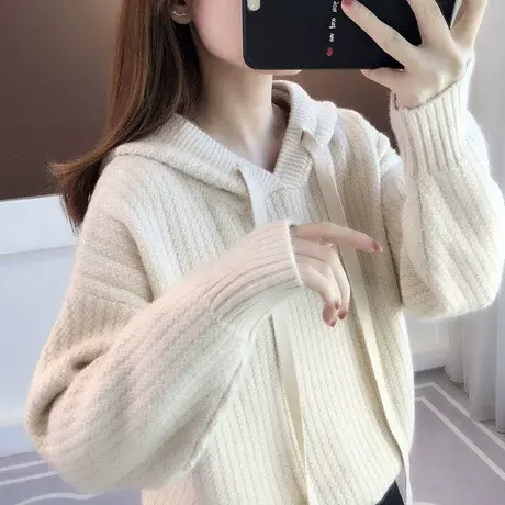 秋冬女毛衣连帽针织衫2023年新款慵懒风宽松女上衣打底衫春秋外穿图片