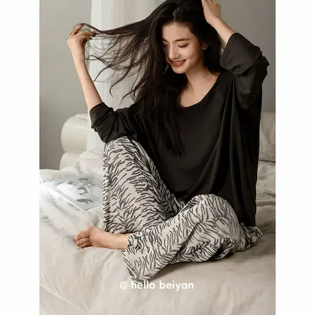贝妍睡衣女春秋季新款柔软莫代尔棉长袖长裤套装慵懒风大码家居服商品大图