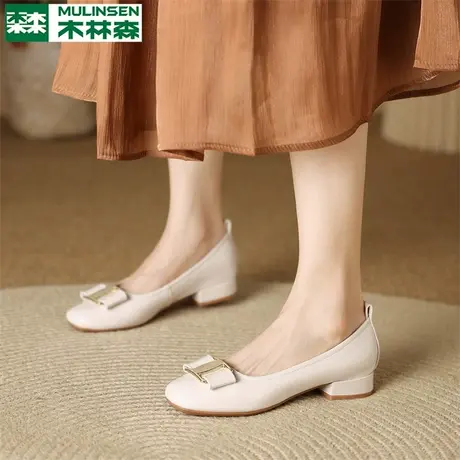 木林森方头单鞋女2025夏季法式软底百搭粗跟小皮鞋浅口甜美蝴蝶结图片