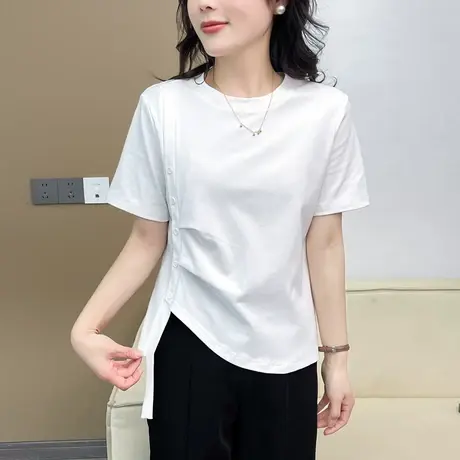 T恤女小衫2023夏新款短袖T恤女不规则纽扣设计感别致惊艳上衣体恤商品大图