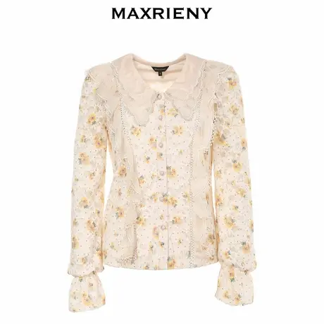 【奥莱】MAXRIENY碎花羊毛蕾丝上衣冬季复古衬衫洋气图片