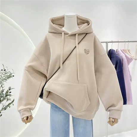 高级感桃心刺绣加绒加厚保暖连帽卫衣女秋冬百搭宽松大版帽衫上衣商品大图