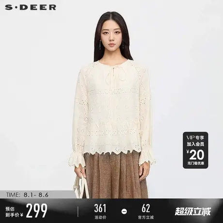 sdeer圣迪奥女装25年新品度假风圆领系带镂空绣花上衣S253Z3202图片