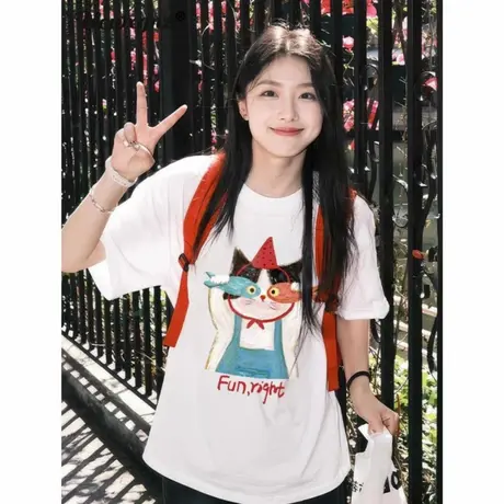 白色纯棉宽松t恤短袖女2025新款夏季圆领美式上衣高级感慵懒风潮商品大图