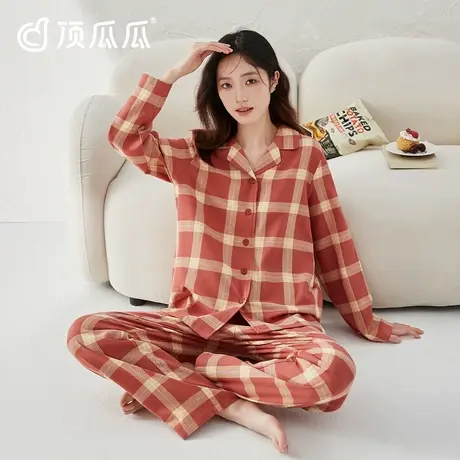 顶瓜瓜睡衣女长袖春夏梭织纯棉休闲格纹透气翻领磨毛家居服套装新商品大图